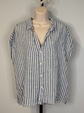 Orvis Blue & White Chambray Linen Blend Striped Top - Size L